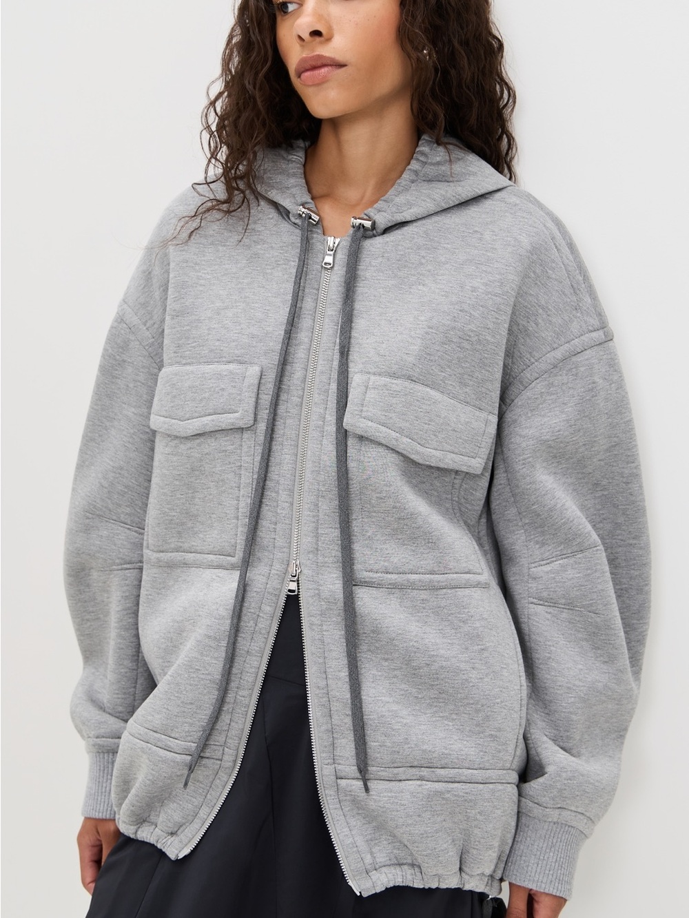 Tibi Techy Viscose Zip Up Hoodie Heather Grey L